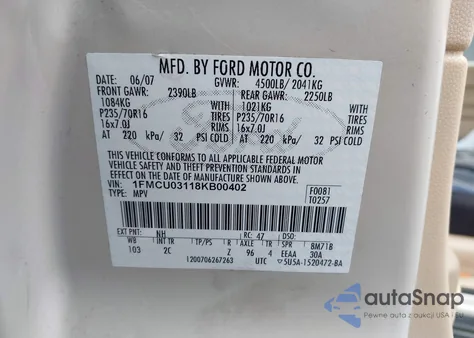 2008 Ford Escape Xlt из США, поврежденный, VIN 1FMCU03118KB00402